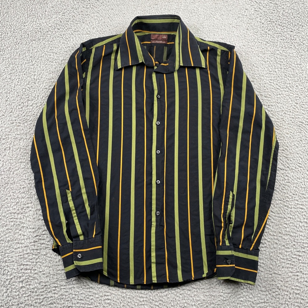 Zara Button Down Shirt Men M Black Green Orange Striped Long Sleeve Cotton Spain
